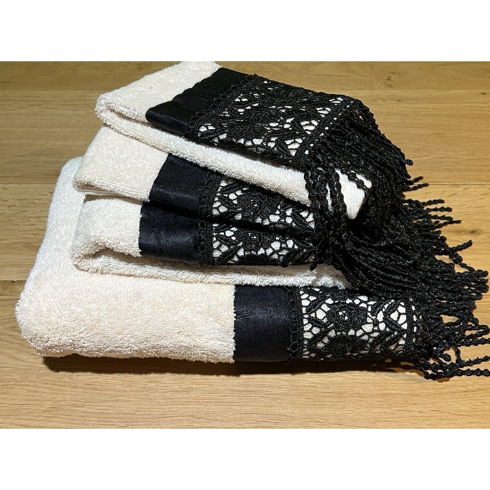 Croscill Home 4 piece bath towel set floral fringe cotton cream Vtg READ - Picture 3 of 16